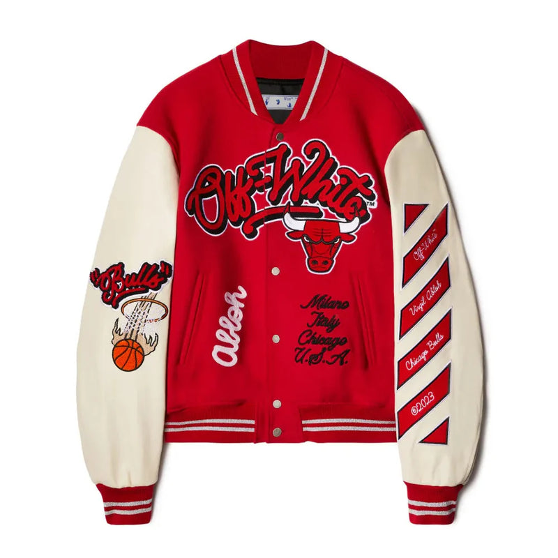 Jaqueta Off-White c/o Chicago Bulls Varsity Patchwork